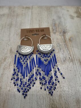 Laney Wilson Western Silver & Royal Blue Beaded Fringe Hoop Earrings